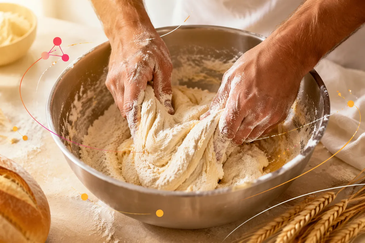 Hands mixing flour premix into dough in a stainless steel bowl